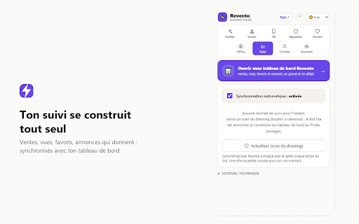 Revento - Assistant de vente Vinted :: Ta boutique Vinted en pilote automatique : annonces générées par l'IA, republication, réponses aux favoris et offres gérées seules.