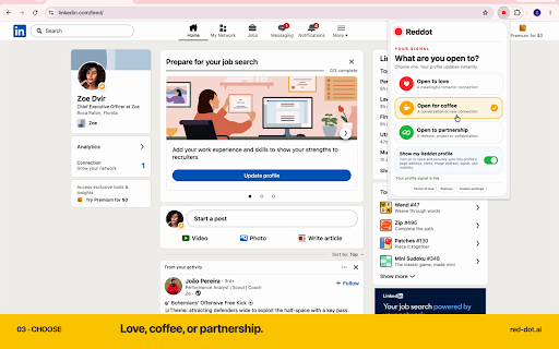 Reddot share your status :: Let people know what you are open to with one clear signal. Free, private, safe, and built for Chrome.