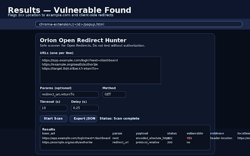 Orion Open Redirect Hunter :: Automated, safe scanner for Open Redirect vulnerabilities. Does not follow redirects; records Location/meta/JS evidence.