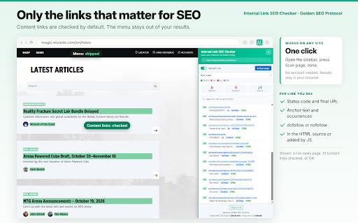 Internal Link SEO Checker :: Analyse internal links: check 404s, 301 redirects, chains, loops, anchor text, dofollow/nofollow and highlight links on page.