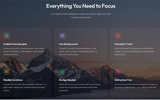 Focus Here Now :: Transform your new tab into a beautiful focus zone with ambient sounds, live backgrounds, and a Pomodoro timer.