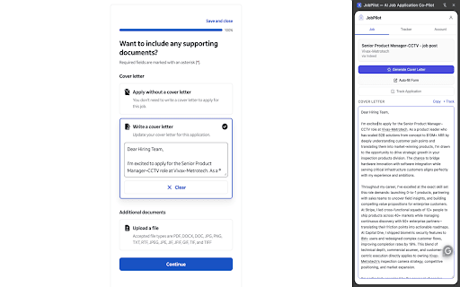 JobPilot — AI Job Application Co-Pilot :: AI cover letters tailored to each job. Auto-fill applications, track where you applied, and never write the same letter twice.