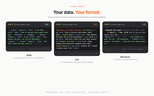 Substack Chat Exporter by Stackscraper :: Export Substack chat threads, replies, and sub-replies from the current page to JSON, CSV, or Markdown.