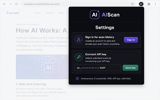 AIScan — AI Readiness Checker :: Scan any site for AI-agent readiness. Get an instant score, grade, and the top fixes — without leaving the page.