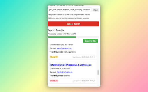 Hidden Job Search Helper :: Find hidden job opportunities on business websites via Google Maps, tailored to your location, and export results to CSV.