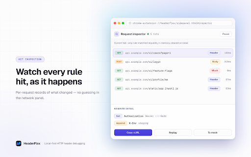 HeaderFlex - Modify HTTP Requests :: ModHeader alternative: modify headers, redirect/block, mock APIs, inspect rule hits, re-inject responses. 100% local, zero upload.