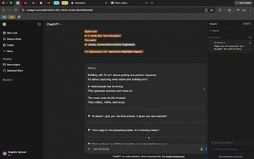 Magpie :: Highlight any text in AI chats to bookmark it. Scroll back to it instantly. Select multiple bookmarks to combine them.