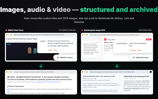 Everything to Notebook :: Extract text, subtitles, and images from authorized sites and sync to NotebookLM, Feishu/Lark, Notion, or Obsidian.