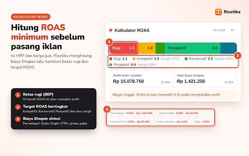 Risetika — Riset & Analitik untuk Shopee :: Riset pasar & analitik iklan untuk seller Shopee: market size, sebaran harga, umur listing, kalkulator ROAS. Tidak berafiliasi.