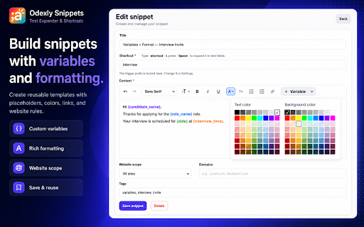 Odexly Snippets – Text Expander & Shortcuts :: Save reusable text snippets and insert them instantly with shortcuts on any website.