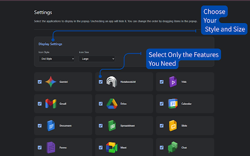 Simple Google Apps Launcher :: Personalize your Google Apps launcher in the Chrome toolbar: drag-and-drop ordering
