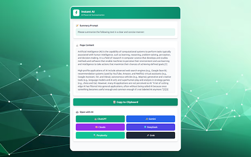 Instant AI: Smart Web Assistant :: Your intelligent browser assistant with AI-powered summarization. Right-click to summarize with ChatGPT.