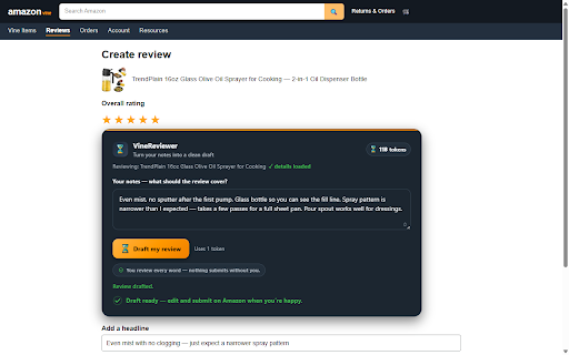 VineReviewer :: Behind on your Amazon Vine reviews? Turn your notes into a review draft in seconds. You edit and submit every word.