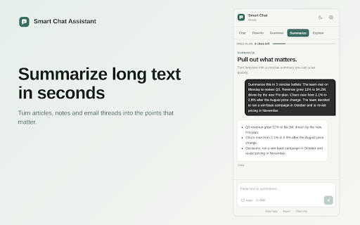 Smart Chat Assistant: AI Writing & Chat :: AI writing assistant in your side panel. Chat, rewrite, fix grammar, summarize and explain text without leaving the page.