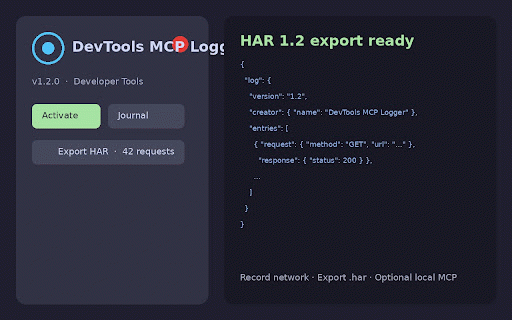 DevTools MCP Logger :: Record logs, network, and page actions (clicks/inputs) until Stop. Export HAR/Markdown/JSON. Optional MCP bridges.