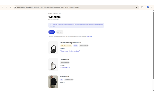 Threaded :: Save anything you want from any store into a shareable wishlist, sized and noted, so gift-givers know exactly what to get.