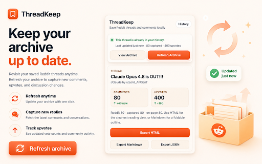 ThreadKeep for Reddit :: Capture Reddit threads, save them to history, and export them as HTML, Markdown, or JSON.