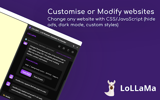 LoLLaMA - Open Source AI Browser Assistant :: Open-source personal AI browser assistant. Chat with local or cloud LLMs, modify websites, and create widgets. Privacy-first.