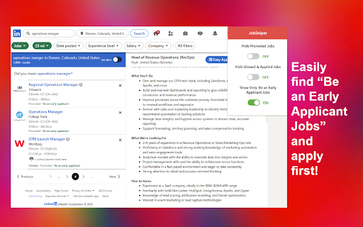 Job Sniper: LinkedIn Job Filters - Hide Promoted & Viewed Jobs :: Jobs Sniper adds 3 filters to LinkedIn job search, hide promoted jobs, hide viewed jobs, and see only “be an early applicant.”