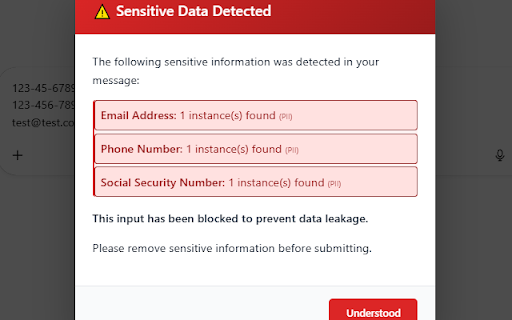 PromptSentry :: Use AI safely. PromptSentry automatically detects and blocks sensitive information before it's shared with major AI platforms.