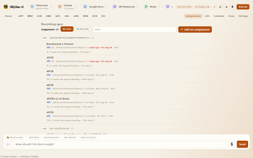SillyBus AI :: Your homework, grades and schedule, read from Canvas and your teachers' docs inside the Chrome you already use.