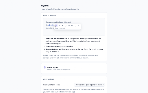 HyLink — Hover Link Menu :: Every link you copy is mostly tracking garbage. Hover a link: clean copy, new tab, window, incognito, side by side. No right-click.