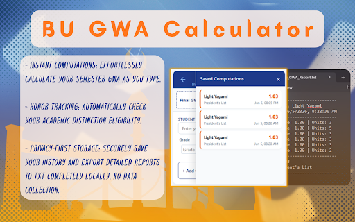 BU GWA Calculator :: Calculate, track, and save your General Weighted Average (GWA) effortlessly.