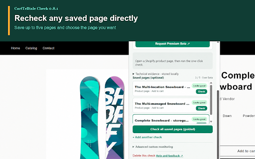 CartTelltale Check – Shopify Change Detector :: Run a one-click Shopify product-page readiness check and recheck saved storefront elements after updates.