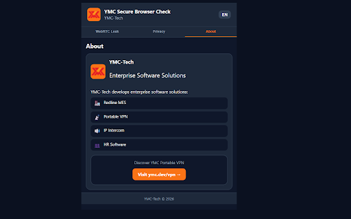 YMC Secure Browser Check :: WebRTC leak test, browser fingerprint, security headers, cookie security. Check your browser privacy. By YMC-Tech.