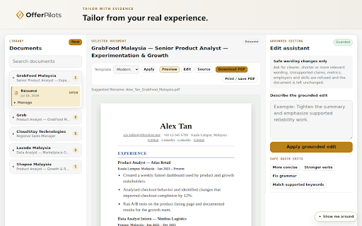 OfferPilots — AI Resume Tailoring, Job Match Score & Interview Prep :: Tailor your resume to a job posting using your own saved profile. Match score, missing keywords, interview prep. Free account.