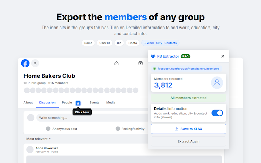 FB Extractor — Export Facebook Members & Groups :: Facebook™ group scraper & lead extractor. Export members, reactions & contact info to CSV/XLSX. Download HD Reels as MP4 with sound.