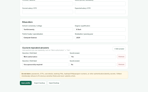 FillNest — Private Form Autofill :: Fill repetitive web forms from reusable local profiles. No account, no server, no automatic submission.