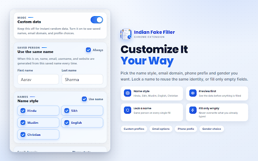 Indian Fake Filler :: Fill any form with one click — realistic Indian test data for names, phones, addresses, IDs and more.