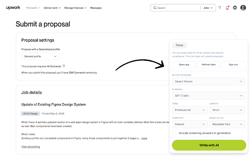 Proposal Lift :: Draft proposals on Upwork job pages using your app personas and templates. You always submit manually.