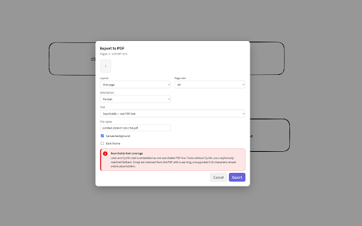Excalidraw Export to PDF :: Export excalidraw to pdf in one click: multi-page, vector quality, searchable text. Free, and it never uses the network.