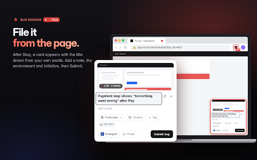 Bug Dossier :: Record a bug — session activity, console, network, and picked elements — then review and file it.