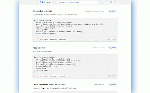 RefMate :: BibTeX capture from Google Scholar & ArXiv, DOI/ISBN resolution, and a collection to edit your entries before exporting.