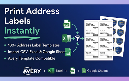 Address Label Maker for Google Sheets™ :: Create address labels from CSV, Excel, or Google Sheets™ links. Supports Avery 5160/5163, A4, and US Letter layouts.