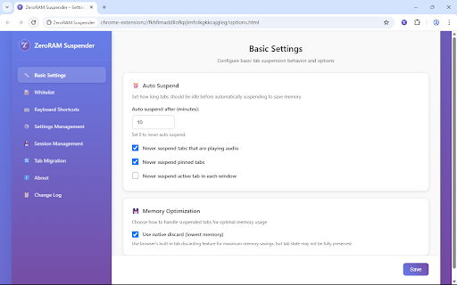ZeroRAM Suspender :: Suspend inactive tabs to save memory using native discard or lightweight placeholder.