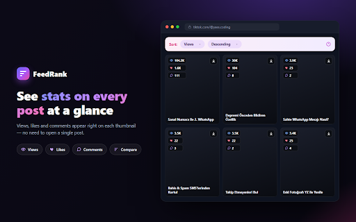 FeedRank – Instagram & TikTok Feed Sorter :: Sort Instagram & TikTok feeds by likes, views, comments or date. See post stats and find top viral content fast. Free.