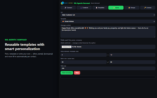 WA Agentic Samvaad :: Secure Samvaad by Inovare Services — WhatsApp bulk messaging via your own open WhatsApp Web tab. No cloud API required.
