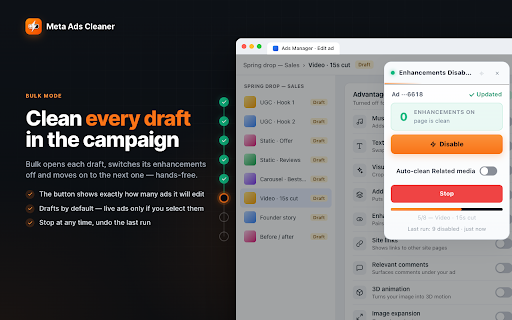Meta Ads Enhancements Disabler :: One-click disable for Meta Advantage+ AI enhancements. Bulk across drafts, 70 categories, undo, whitelist. No account, no tracking.