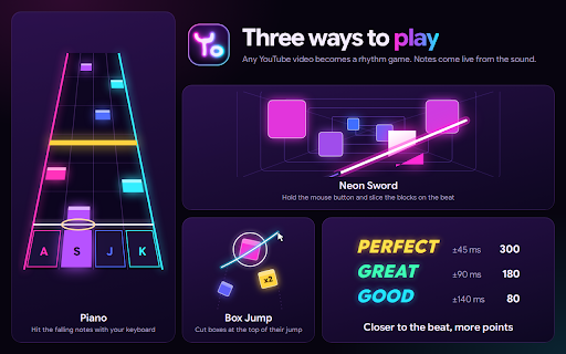 YomePiano :: YomePiano: a rhythm game for any YouTube video. Play notes on a neon 3D piano, swing a Neon Sword or cut boxes in Box Jump