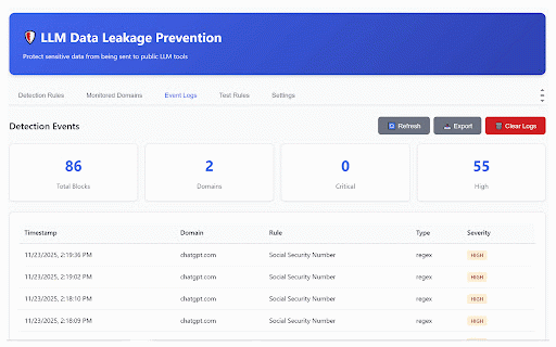 LLM Guard :: Prevents sensitive data from being sent to public LLM tools like ChatGPT, Claude, and Gemini.