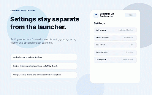Salesforce CLI Org Launcher :: Launch, group, and manage Salesforce CLI authenticated orgs from Chrome.