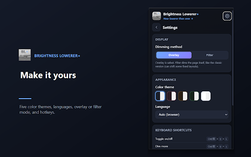 Brightness Lowerer Plus :: Lower any page's brightness. Blue-light filter with warm tones, a night-mode schedule, color themes, and hotkeys. Zero tracking.