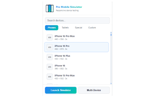 Pro Mobile Device Simulator :: Responsive smartphone and tablet simulator for browser testing with 290+ pre-configured device profiles.