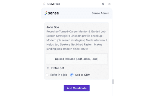 CRM Hire :: Streamline your recruiting workflow with the Sense Chrome Extension. Instantly add candidates from LinkedIn or job boards to your…