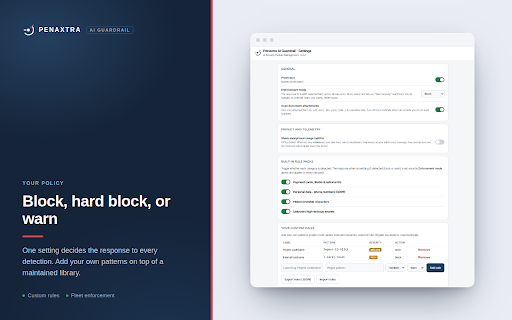 Penaxtra AI Guardrail :: Local AI DLP: blocks secrets, API keys and PII in your prompts and files on ChatGPT, Claude, Gemini and 150+ AI sites.