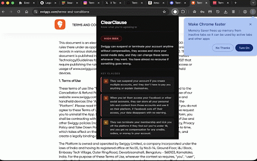 ClearClause :: Understand any Terms of Service instantly. Plain English summaries with risk ratings.